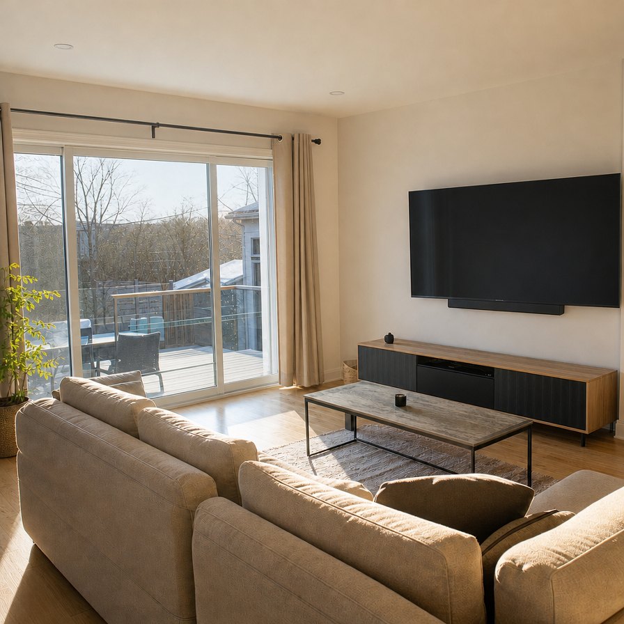 Même salon avec pellicule antireflet : lumière adoucie, télévision lisible