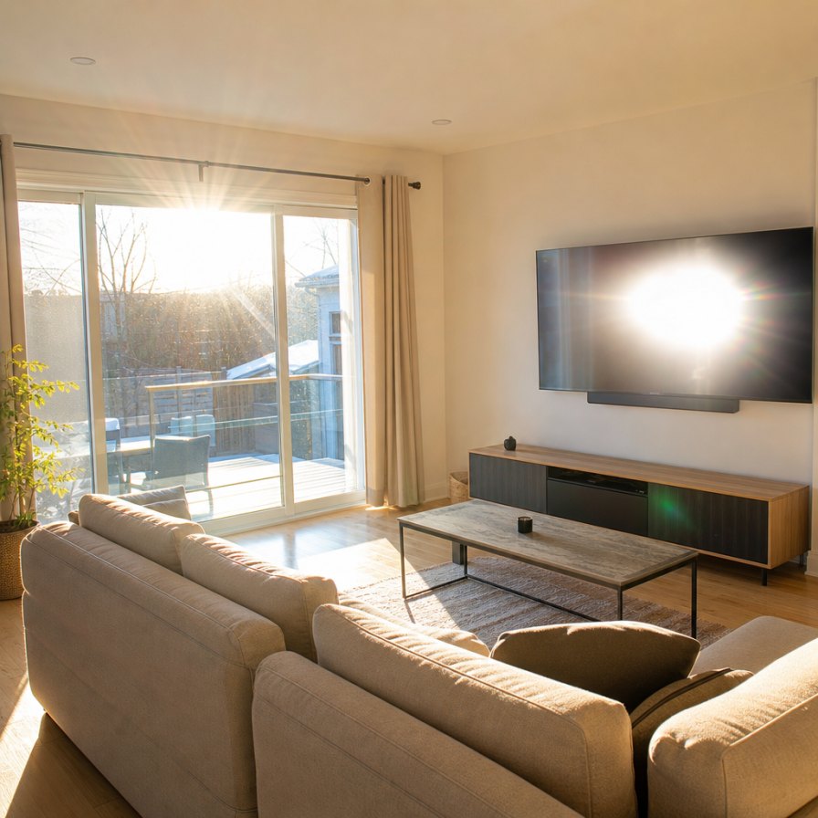 Salon ébloui par le soleil, reflets sur la télévision