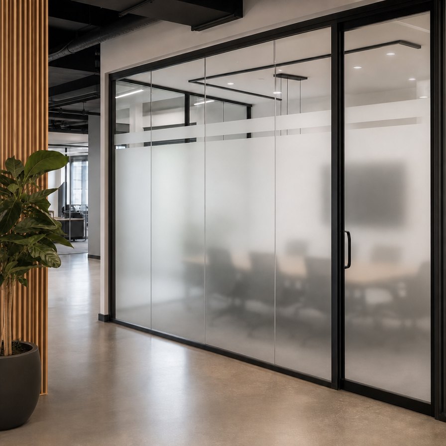 Même salle de conférence avec pellicule décorative givrée sur les cloisons de verre