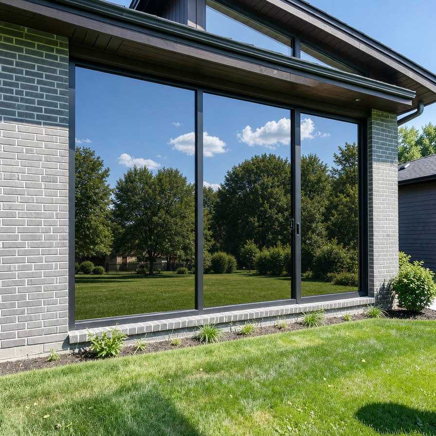 Même maison avec pellicule miroir : les fenêtres reflètent le ciel et les arbres, on ne voit plus l'intérieur
