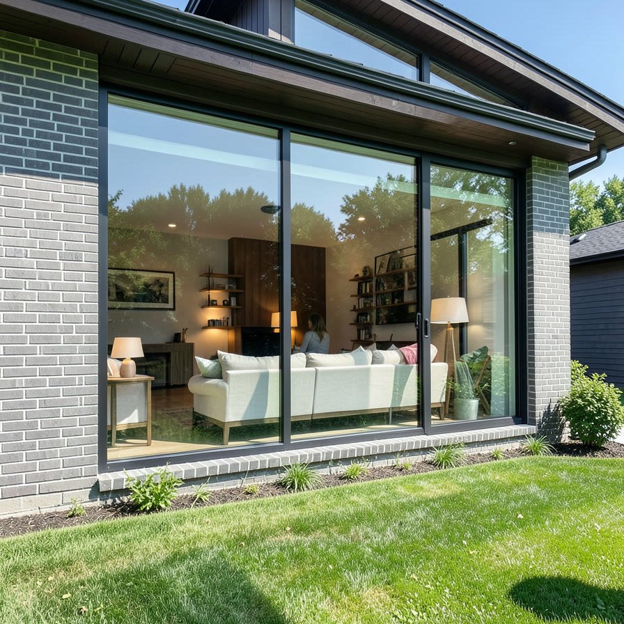 Maison avant la pose : on voit l'intérieur du salon à travers les fenêtres