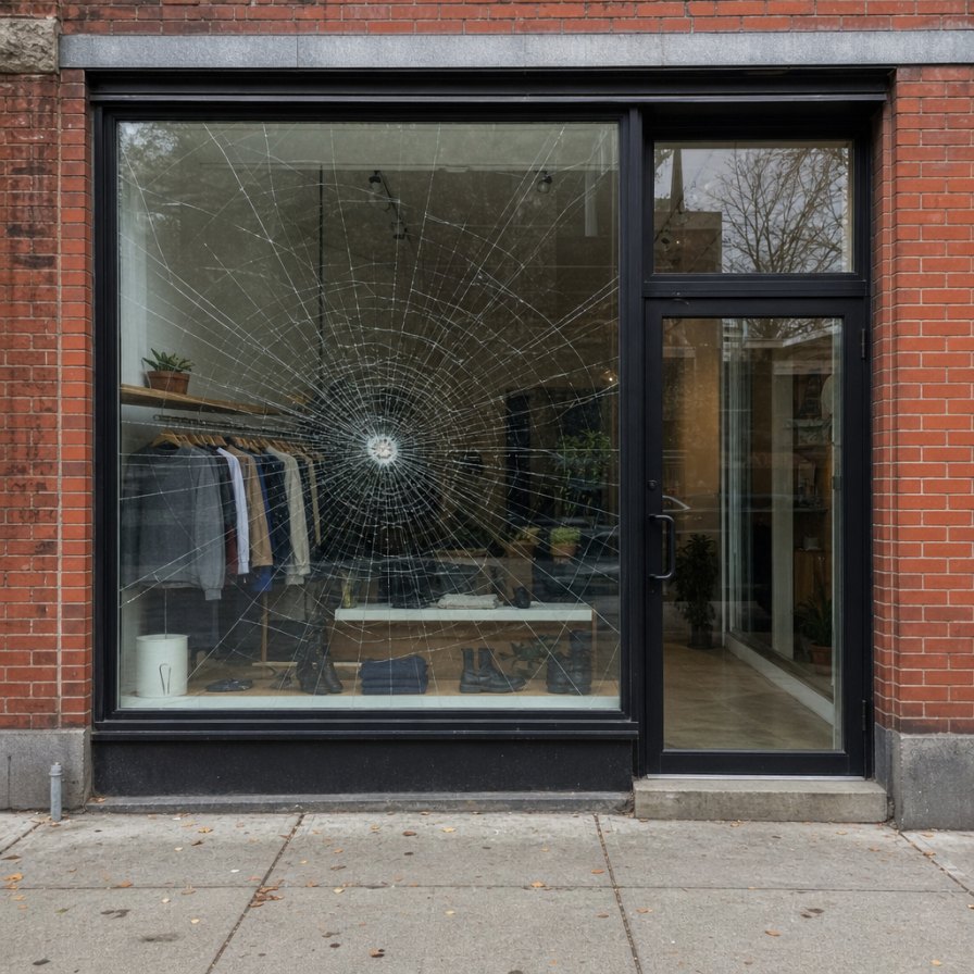 Même vitrine avec pellicule de sécurité : la vitre est fissurée mais reste en place