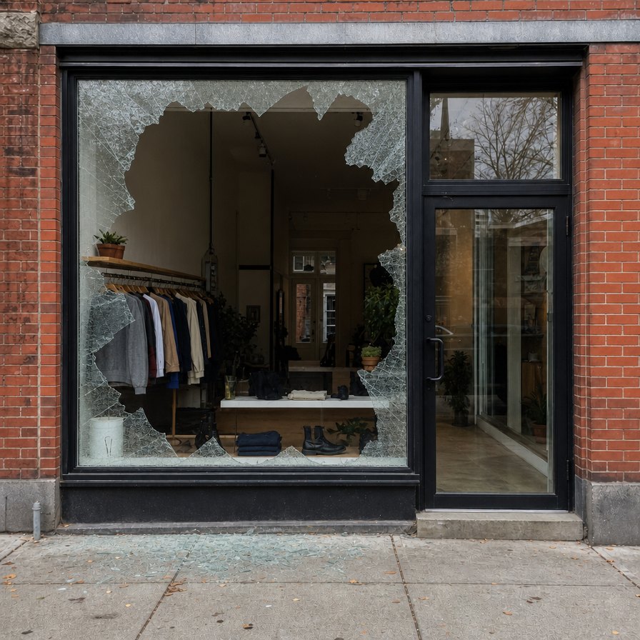 Vitrine de commerce sans pellicule : la vitre a volé en éclats